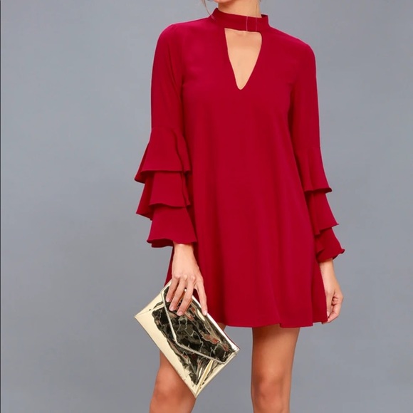 Lulus Aesthetic Aspirations Red Flounce Sleeve Shift Dress - Picture 2 of 6